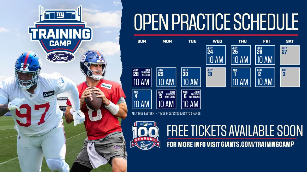 New York Giants Training Camp schedule with players in action.