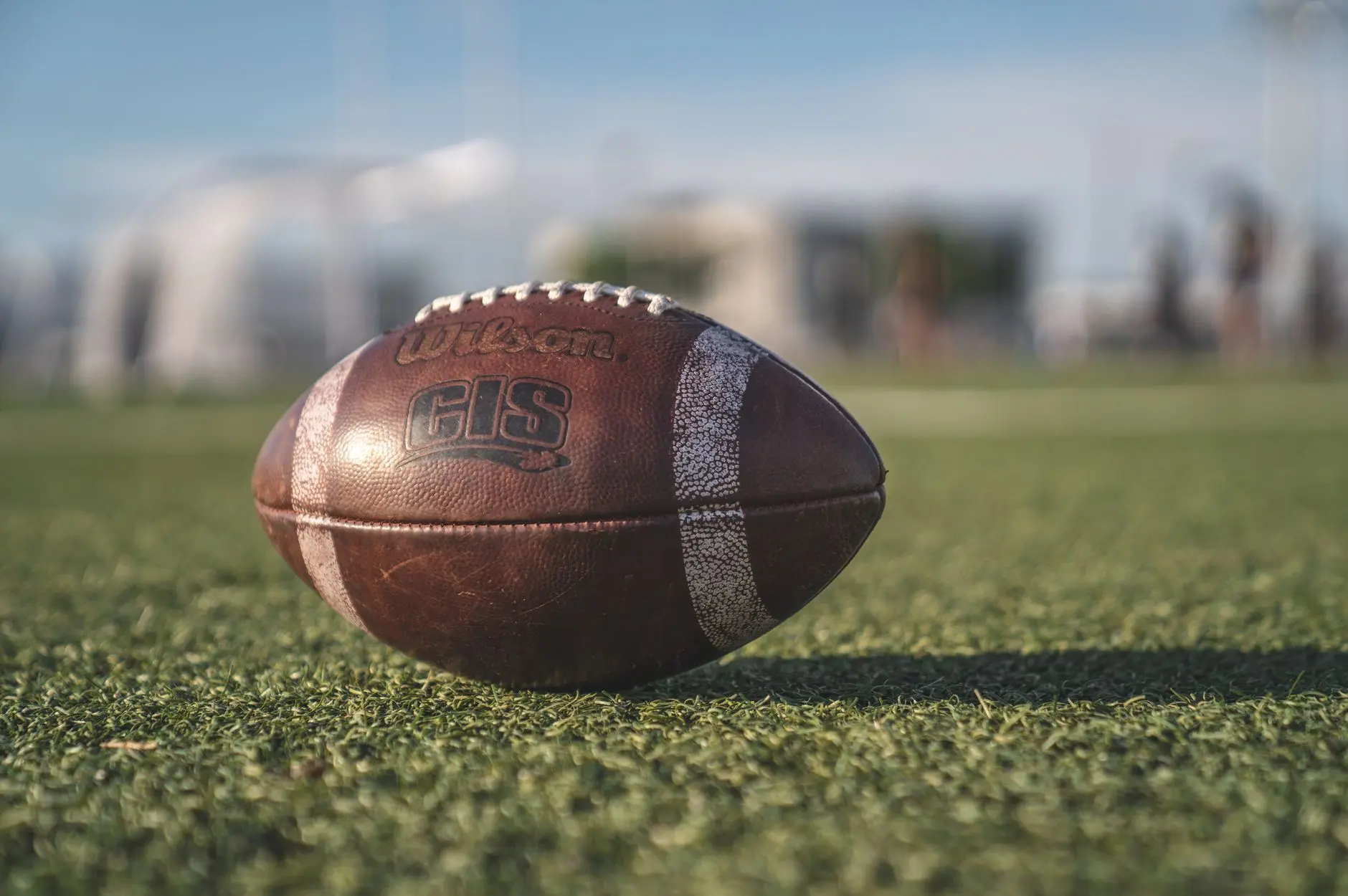 A close-up of a Wilson football on a green field with a blurred background.