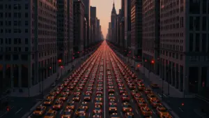 Aerial view of heavy traffic gridlock on Midtown Manhattan street with rows of vehicles and skyscrapers