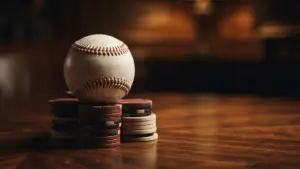 Baseball resting on poker chips symbolizing high-stakes trade deadline negotiations and leverage
