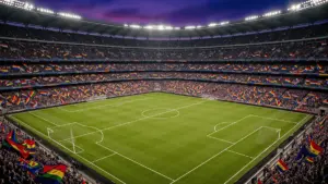 World Cup stadium during knockout match with dramatic floodlights and packed stands