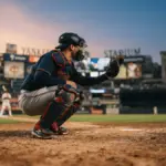 Baseball catcher in Twins uniform crouching at home plate in Yankee Stadium