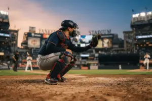 Baseball catcher in Twins uniform crouching at home plate in Yankee Stadium