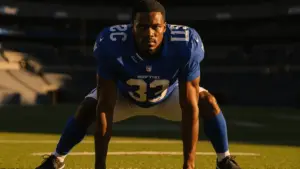 New York Giants offensive lineman in three-point stance on field at MetLife Stadium