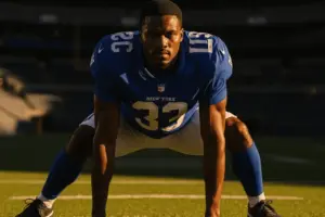 New York Giants offensive lineman in three-point stance on field at MetLife Stadium