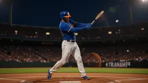 Baseball player hitting dramatic home run at night under stadium lights