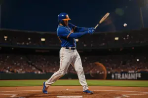 Baseball player hitting dramatic home run at night under stadium lights