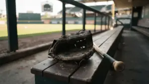 Baseball glove and bat on dugout bench with empty outfield in background