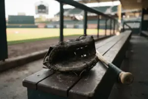 Baseball glove and bat on dugout bench with empty outfield in background