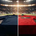 France and Morocco national team jerseys in dramatic World Cup quarter-final locker room setting