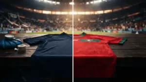 France and Morocco national team jerseys in dramatic World Cup quarter-final locker room setting