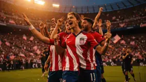 USA soccer team celebrating victory in World Cup knockout match at stadium