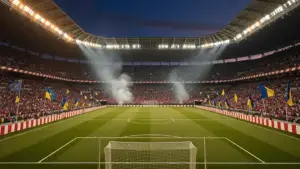 Soccer stadium at twilight with fans ready for USA vs Bosnia World Cup knockout match