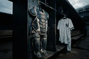 Yankees catcher gear in empty dugout locker symbolizing offensive struggles