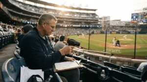 Baseball scout evaluating pitcher from behind home plate with radar gun during MLB game
