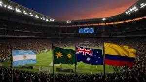 World Cup 2026 knockout round stadium with Argentina, Australia, and Colombia flags in dramatic lighting