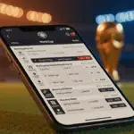 World Cup goalscorer parlay betting slip on mobile phone with stadium lights in background