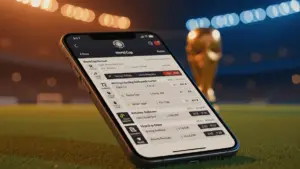 World Cup goalscorer parlay betting slip on mobile phone with stadium lights in background