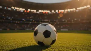 Soccer ball on World Cup stadium field under dramatic stadium lights