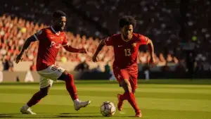 Morocco and Canada players competing in intense World Cup Round of 16 soccer match action