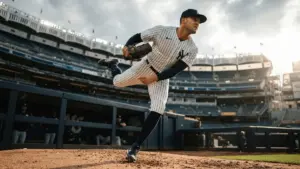 Yankees relief pitcher throwing from bullpen mound at Yankee Stadium in dramatic lighting