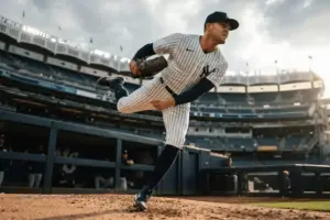 Yankees relief pitcher throwing from bullpen mound at Yankee Stadium in dramatic lighting