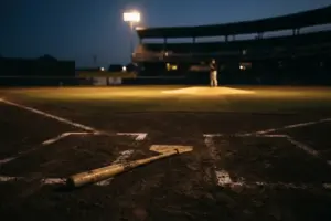 Empty batter's box with abandoned bat and lone pitcher on mound under stadium lights